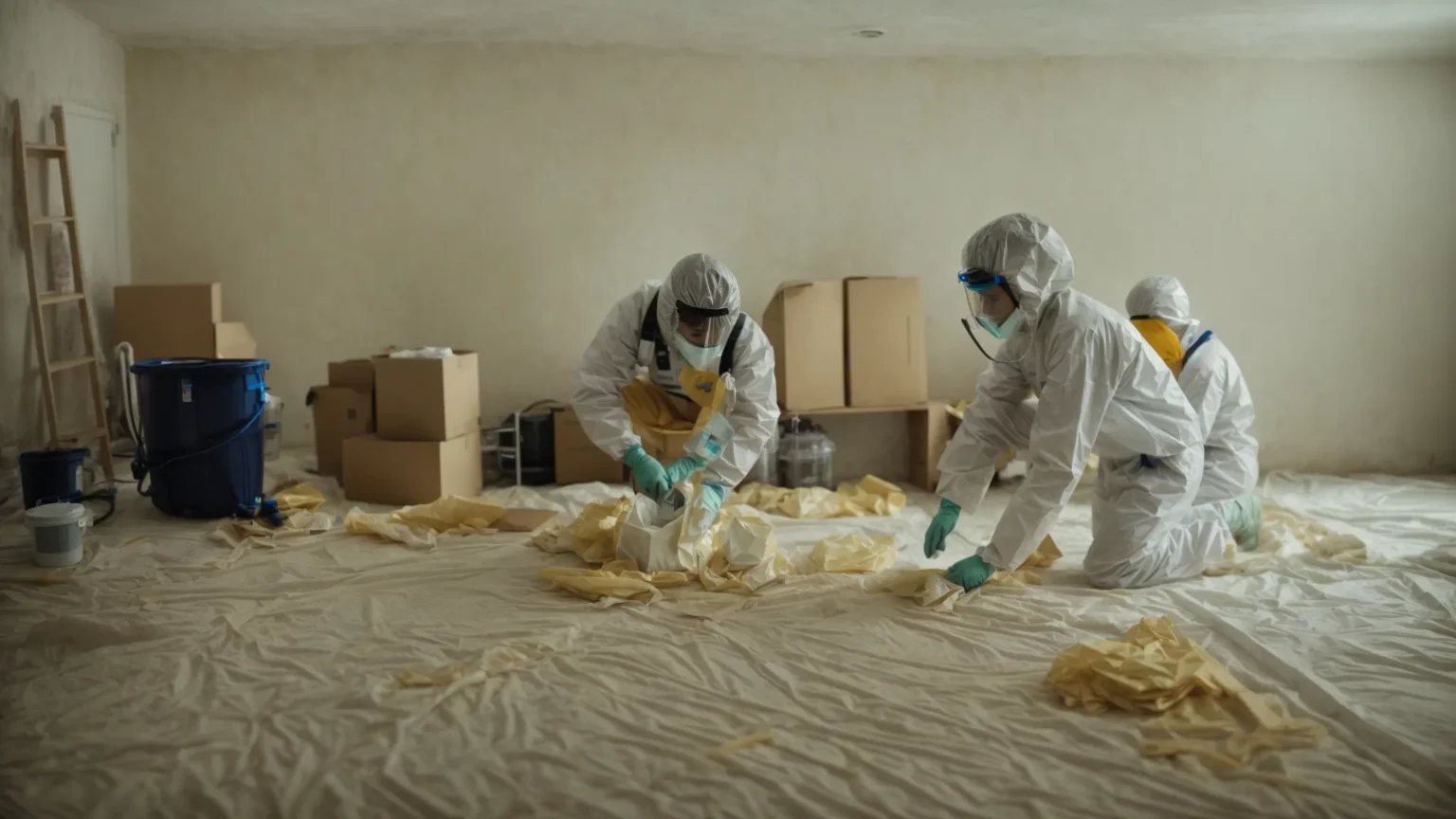 a team in protective gear carefully cleans mold from a household wall.