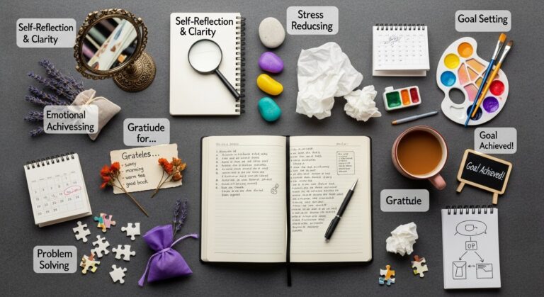 Featured illustration of a woman journaling for self-care and wellbeing &mdash; benefits of journaling in women's lifestyle