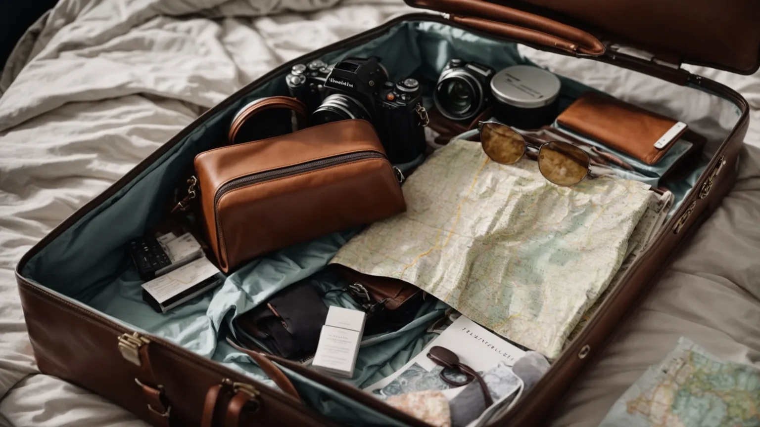 a neatly packed suitcase lies open on the bed, filled with travel essentials: clothes, a camera, sunglasses, and a map.
