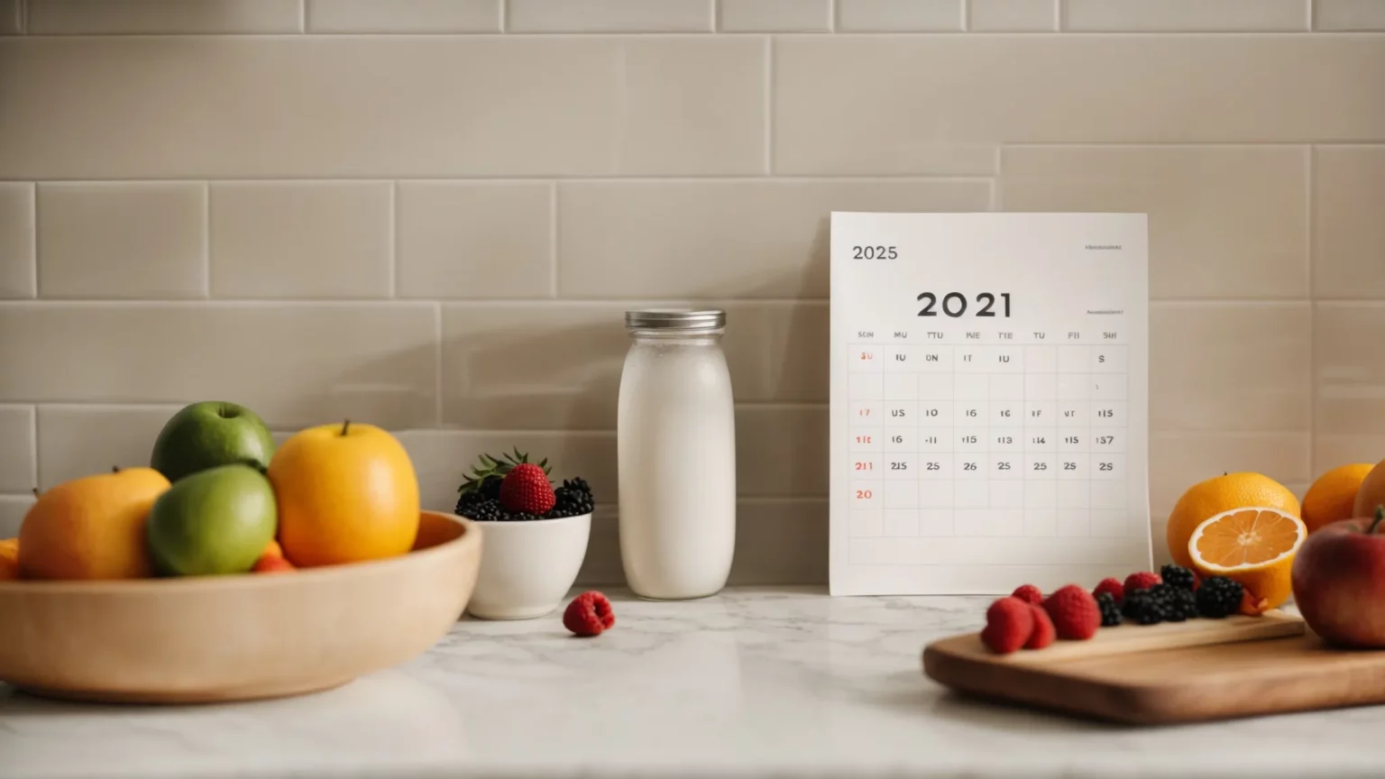 a calendar marked with different health goals for each month of the year 2025, visible next to a bowl of fresh fruits and a water bottle on a kitchen counter.