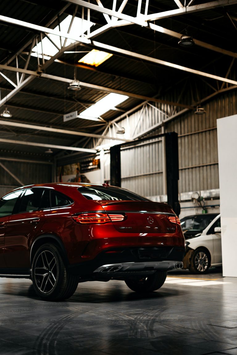a red car in a garage