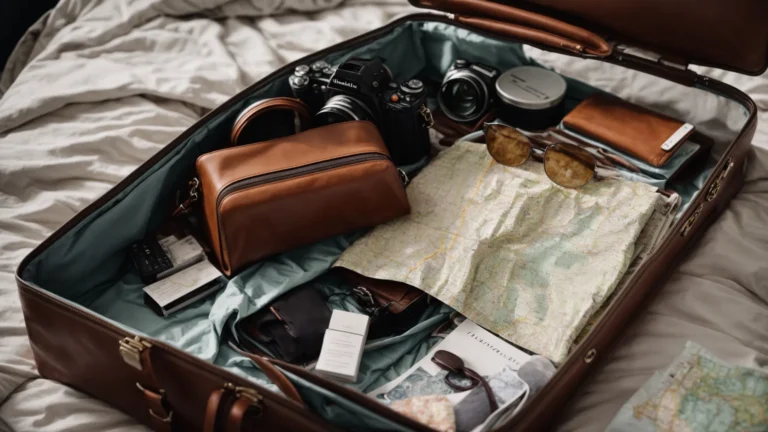 a neatly packed suitcase lies open on the bed, filled with travel essentials: clothes, a camera, sunglasses, and a map.