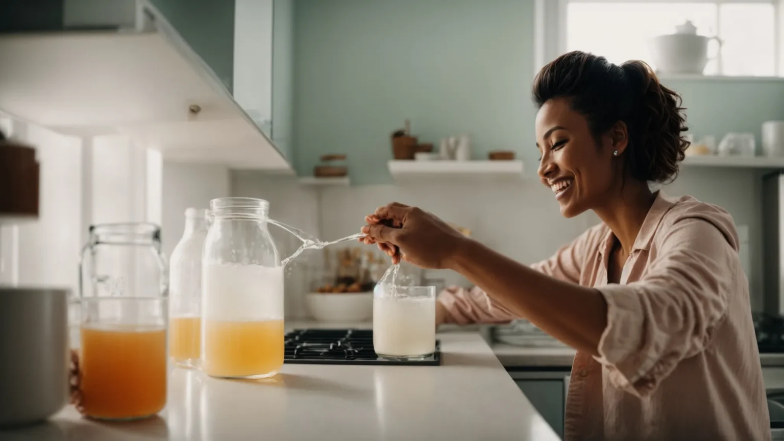 a woman smiling as she stirs a spoonful of electrolyte powder into a glass of water at her kitchen counter.