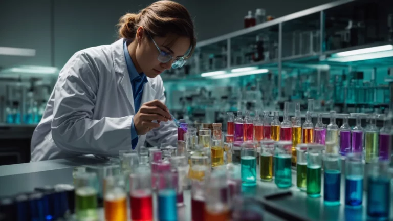 a scientist in a lab coat examines a series of colorful liquid-filled vials on a lit laboratory bench.