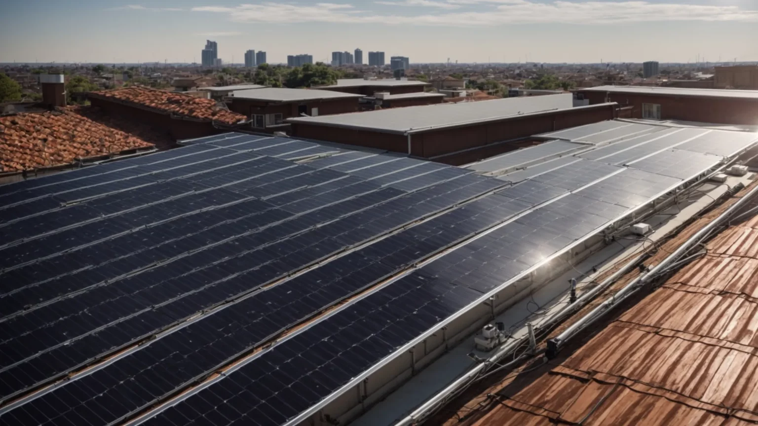 a rooftop covered with sleek solar panels under a bright sunny sky.