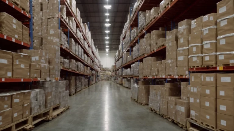 a neatly organized warehouse with rows of identical boxes on shelves, a clearly labeled aisle sign visible in the background.