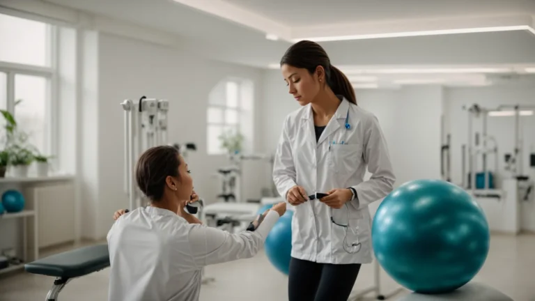 a physiotherapist guides a patient through an exercise routine in a well-equipped clinic.