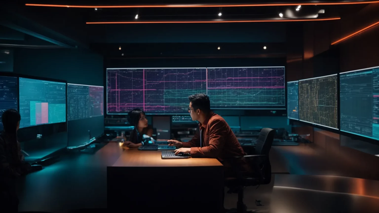 two professionals discussing over a computer screen displaying colorful network diagrams.