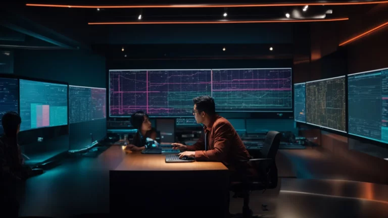 two professionals discussing over a computer screen displaying colorful network diagrams.