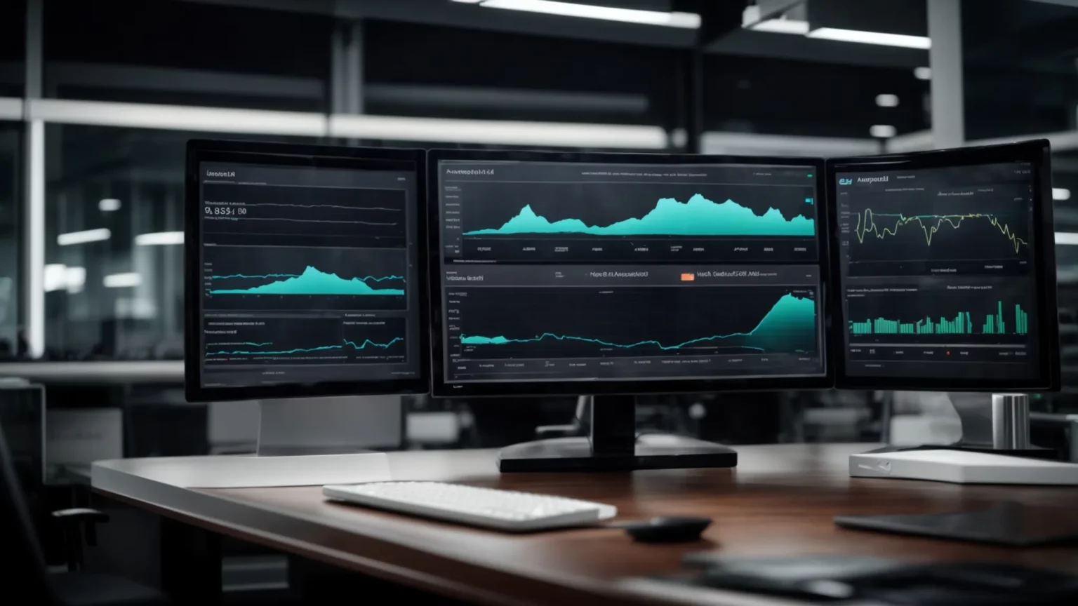 a sleek, high-tech dashboard displaying complex analytics and graphs on a computer monitor in a modern office.