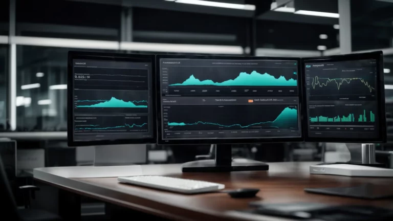 a sleek, high-tech dashboard displaying complex analytics and graphs on a computer monitor in a modern office.