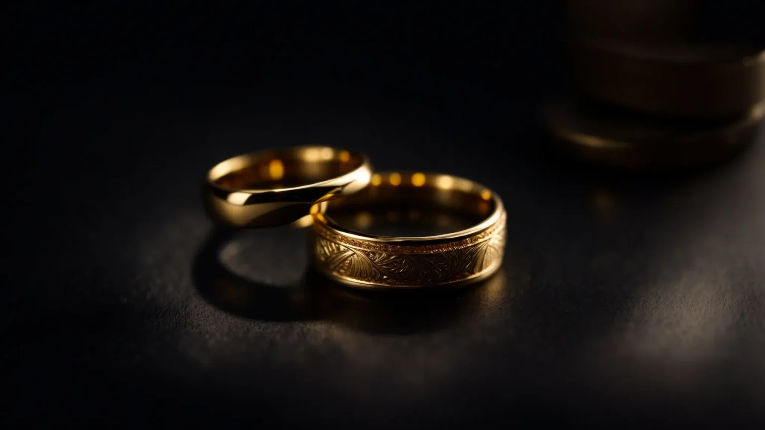 a pair of gold wedding rings lay elegantly on a smooth, dark surface bathed in soft light, highlighting their timeless allure.