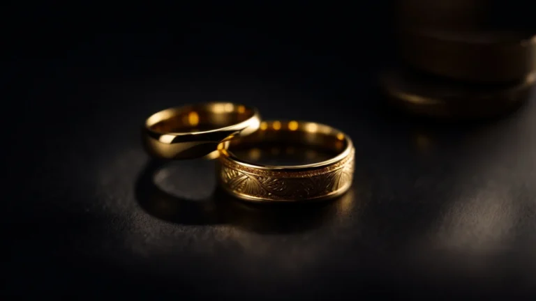 a pair of gold wedding rings lay elegantly on a smooth, dark surface bathed in soft light, highlighting their timeless allure.