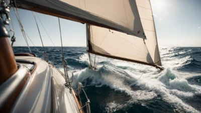 a sailboat glides through the open sea, its sail billowing in the strong wind against a clear sky.