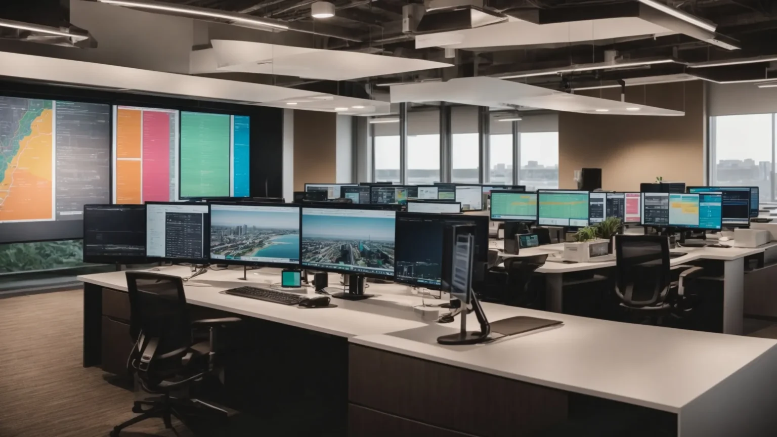 a modern office with multiple computer screens displaying colorful graphs and maps of south jersey real estate trends.
