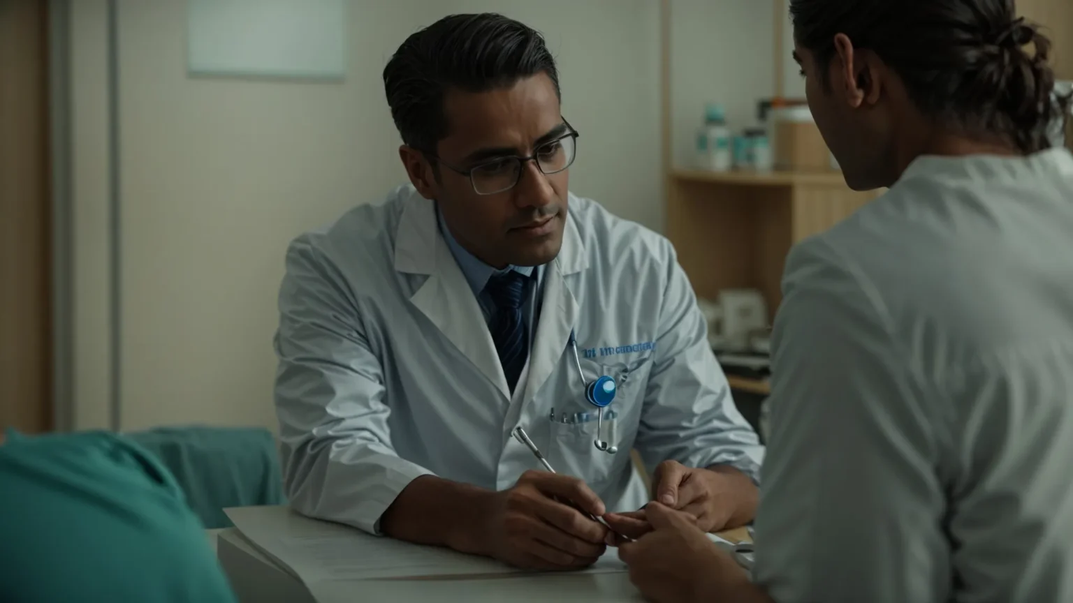 a doctor discusses treatment options with a patient in a clinic.