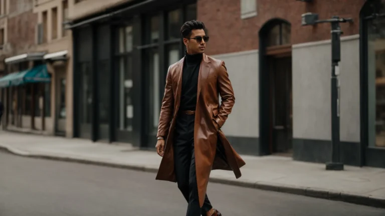 a stylish man confidently walks down the street, his outfit complemented by a sleek watch, cool sunglasses, and a neat leather belt.