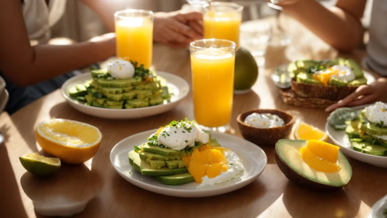 sunlight filters onto a table set with plates of avocado toast, bowls of fresh fruit, poached eggs, and glasses of orange juice, surrounded by happy diners.