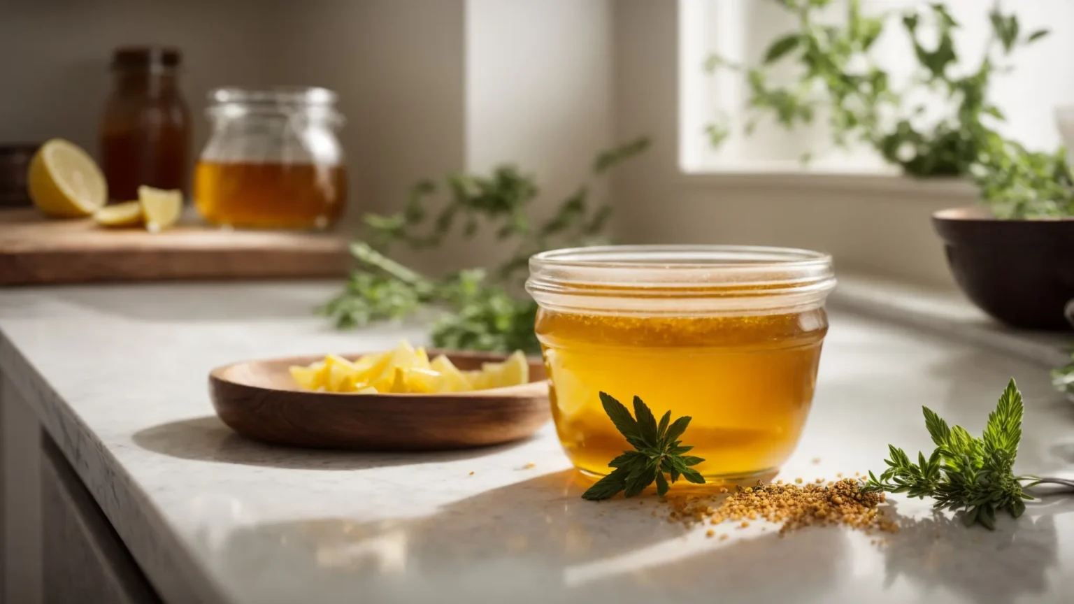 a jar of golden honey infused with herbs sits beside a mixing bowl on a kitchen counter, ready to be drizzed into a recipe.