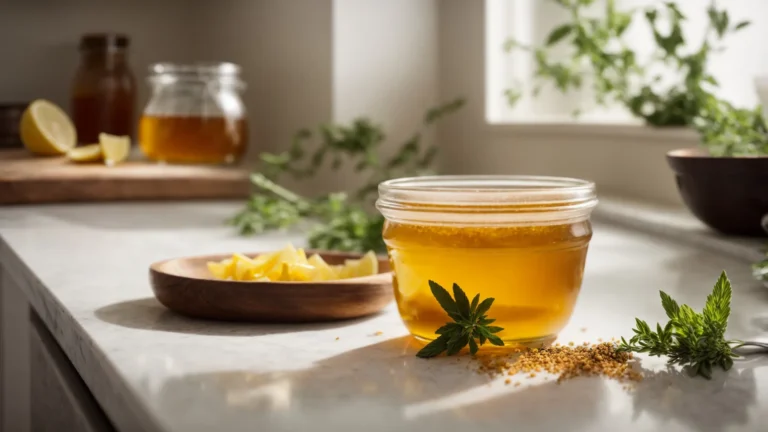 a jar of golden honey infused with herbs sits beside a mixing bowl on a kitchen counter, ready to be drizzed into a recipe.
