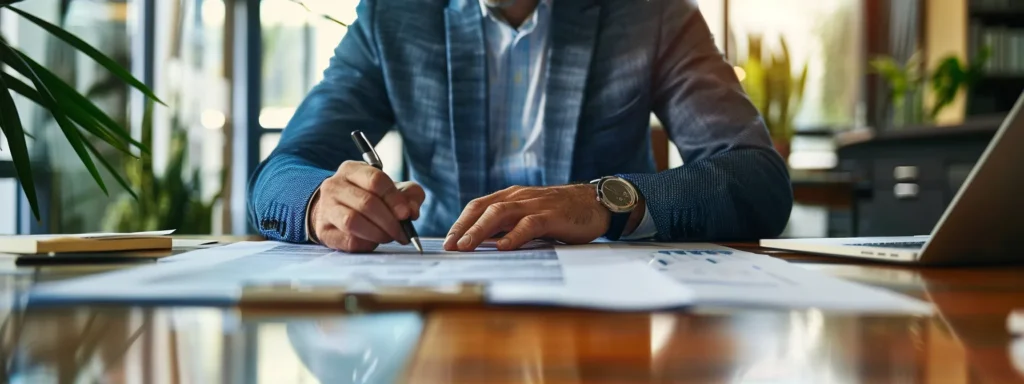 a professional consultant sitting at a desk in an office, pointing to a detailed insurance contract on a table.