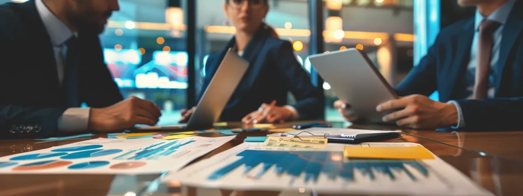 a group of business professionals sitting around a table covered in charts and graphs discussing insurance options.