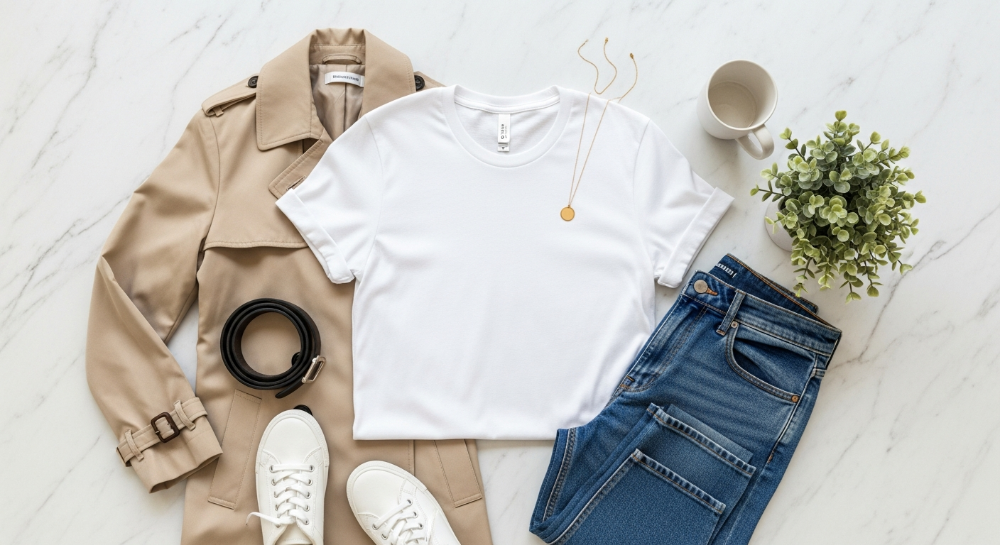 A curated collection of neutral clothing items for a capsule wardrobe, including a white shirt, black trousers, and a beige sweater.