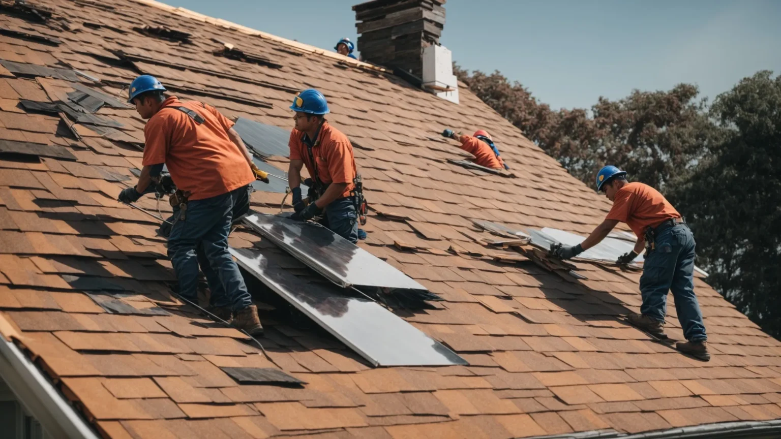 three roofers are installing shingles on a house under a clear blue sky.
