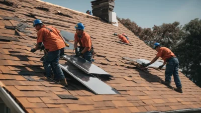 three roofers are installing shingles on a house under a clear blue sky.