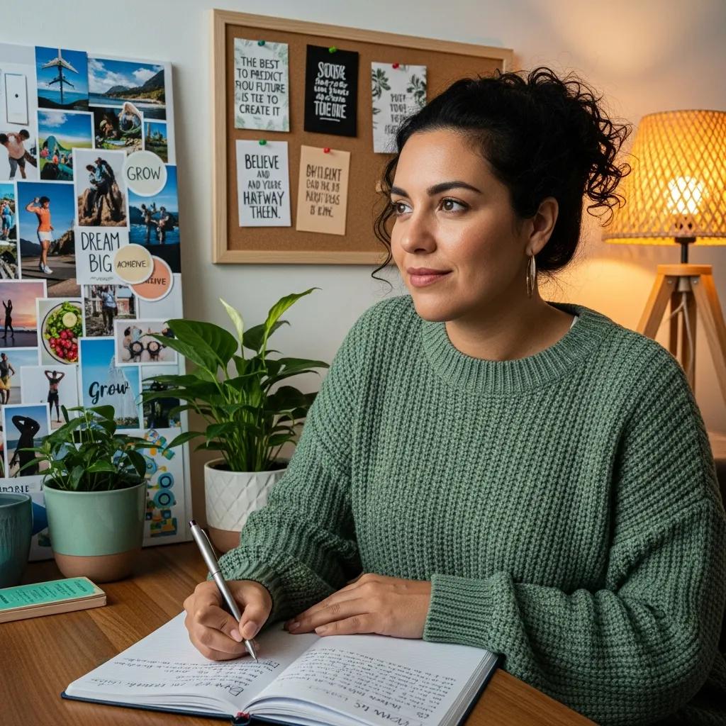 Woman journaling her goals with a vision board in a cozy, inspiring environment