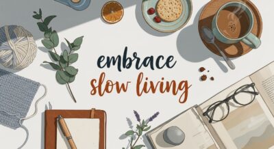 Featured illustration of a woman embracing slow living in a cozy home scene with plants and a book for Women's Lifestyle