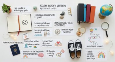 Illustration of a woman practicing positive affirmations for mindset and women's lifestyle wellbeing